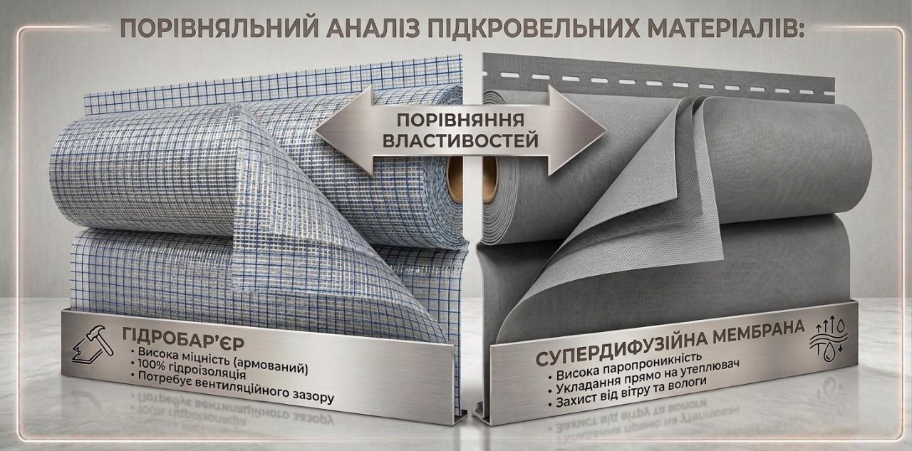 Порівняння між собою матеріалів гідробар'єр та супердифузійна мембрана Порівняння між собою матеріалів гідробар'єр та супердифузійна мембрана